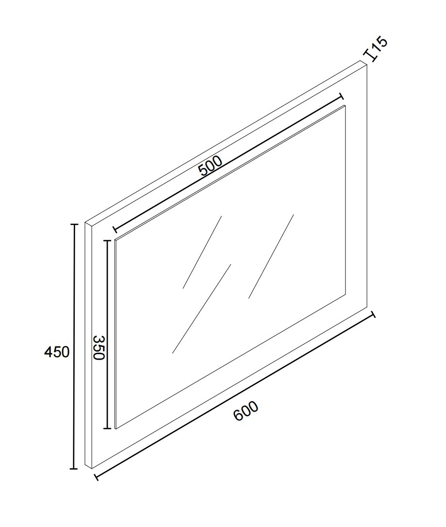 Isometrische Ansicht eines rechteckigen Glaseinsatzes/Spiegels mit Rahmen, Außenmaß ca. 600 x 450 mm, Innenausschnitt ca. 500 x 350 mm, Materialstärke T15.
