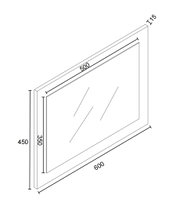 Isometrische Ansicht eines rechteckigen Glaseinsatzes/Spiegels mit Rahmen, Außenmaß ca. 600 x 450 mm, Innenausschnitt ca. 500 x 350 mm, Materialstärke T15.
