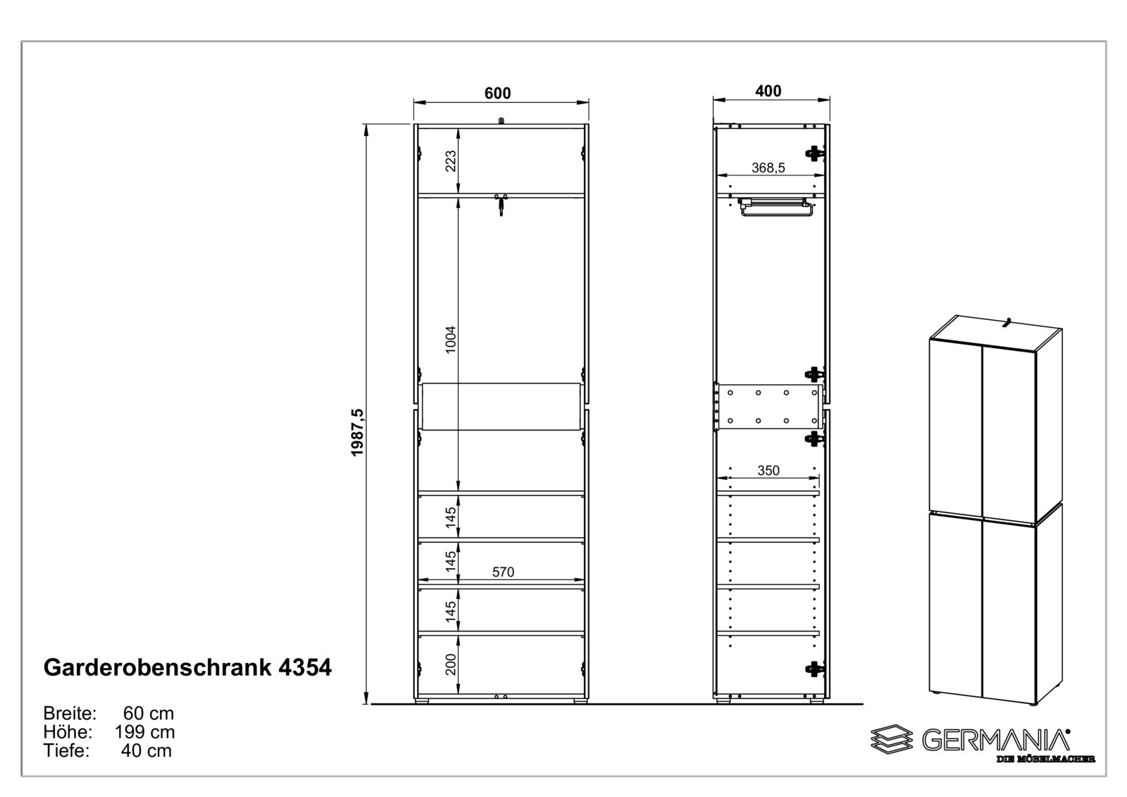 Technische Zeichnung eines Garderobenschranks mit den Maßen Breite: 60 cm, Höhe: 199 cm, Tiefe: 40 cm. Frontale und seitliche Ansicht sowie perspektivische Darstellung.