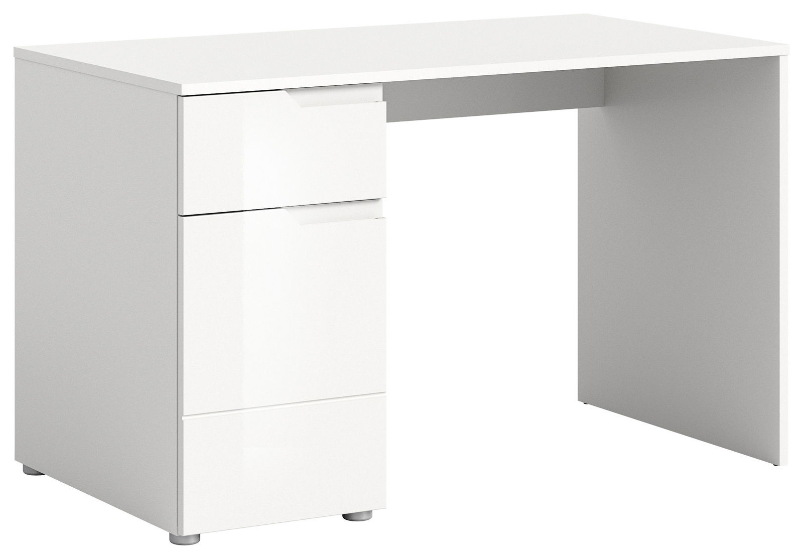 Moderner weißer Schreibtisch mit drei Schubladen, seitliche Perspektive