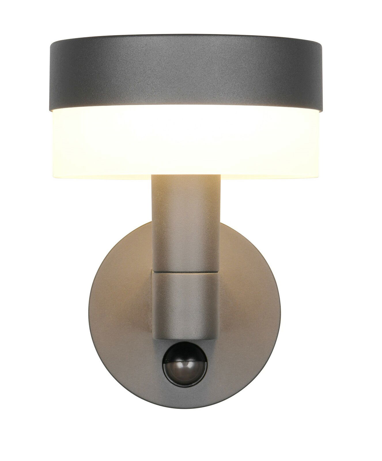 LED-Außenwandleuchte in moderner, runder Form mit schwarzem Gehäuse und weißem Leuchtkörper, frontal abgebildet.