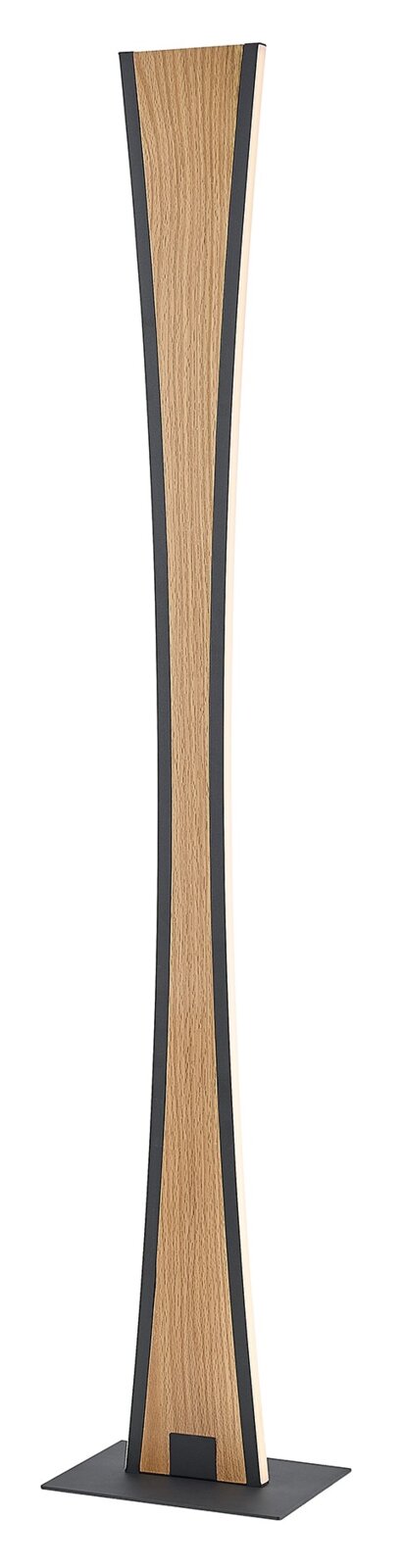 Novel LED-Stehleuchte Hoher, schlanker Design-Lautsprecher mit Holzfurnier und schwarzen Seiten auf quadratischem Sockel, Frontansicht