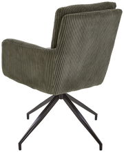 Rückansicht eines Armlehnstuhls mit grünem, geripptem Stoffbezug und schwarzem Metallgestell.