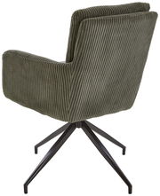 Rückansicht eines Armlehnstuhls mit grünem, geripptem Stoffbezug und schwarzem Metallgestell.