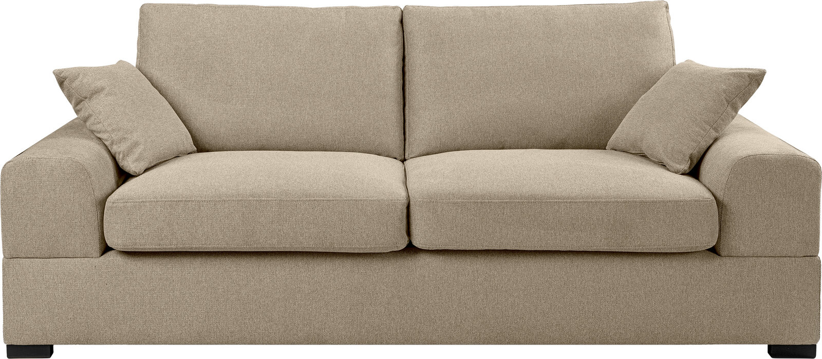 Beiges 2-Sitzer-Sofa mit Stoffbezug, zwei großen Sitz- und Rückenkissen sowie zwei kleinen Zierkissen, frontale Ansicht.