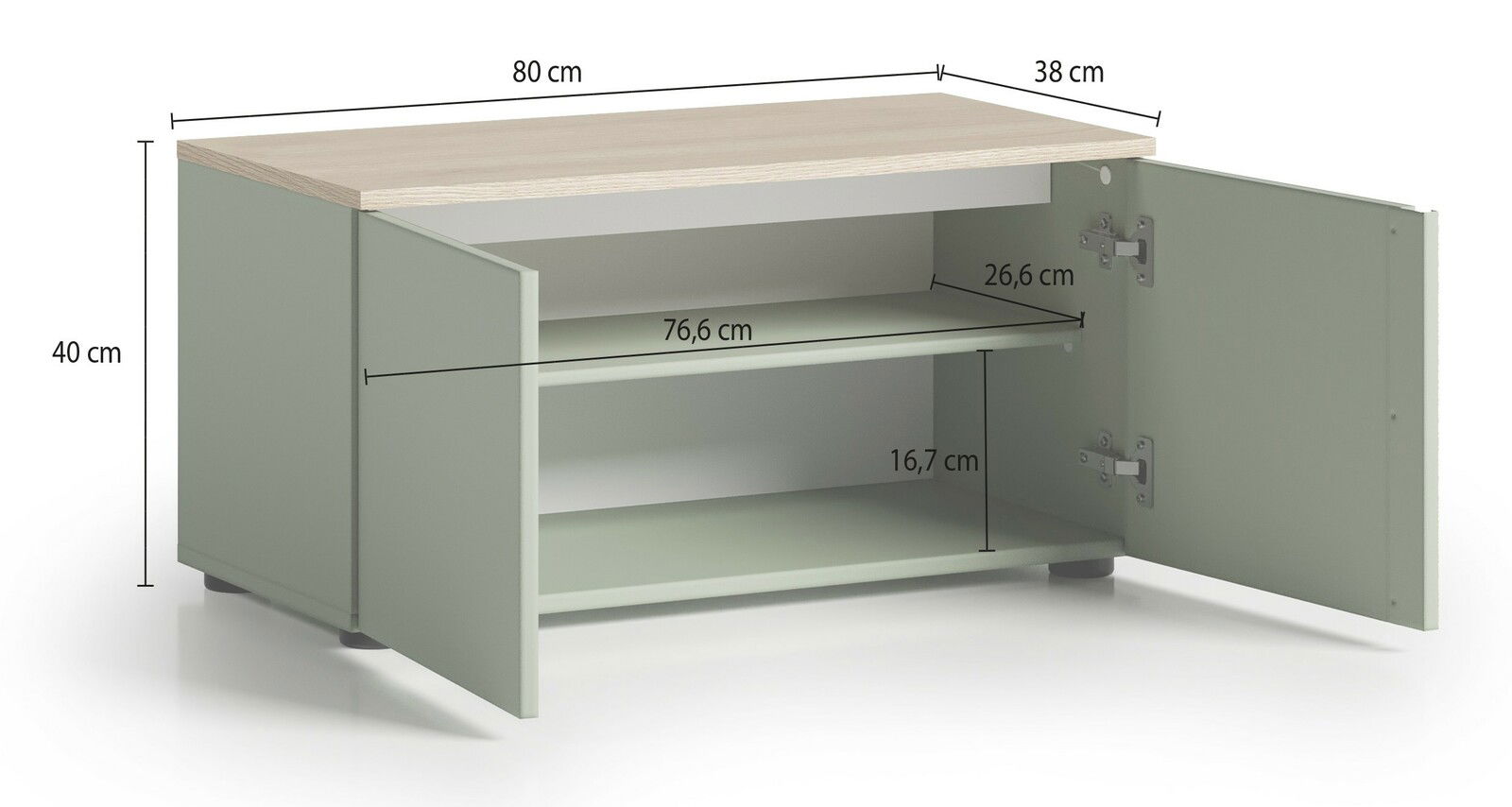 Grüne Bank mit zwei offenen Türen, Holzoberfläche, Maße: 80 cm Breite, 38 cm Tiefe, 40 cm Höhe, seitliche Perspektive.