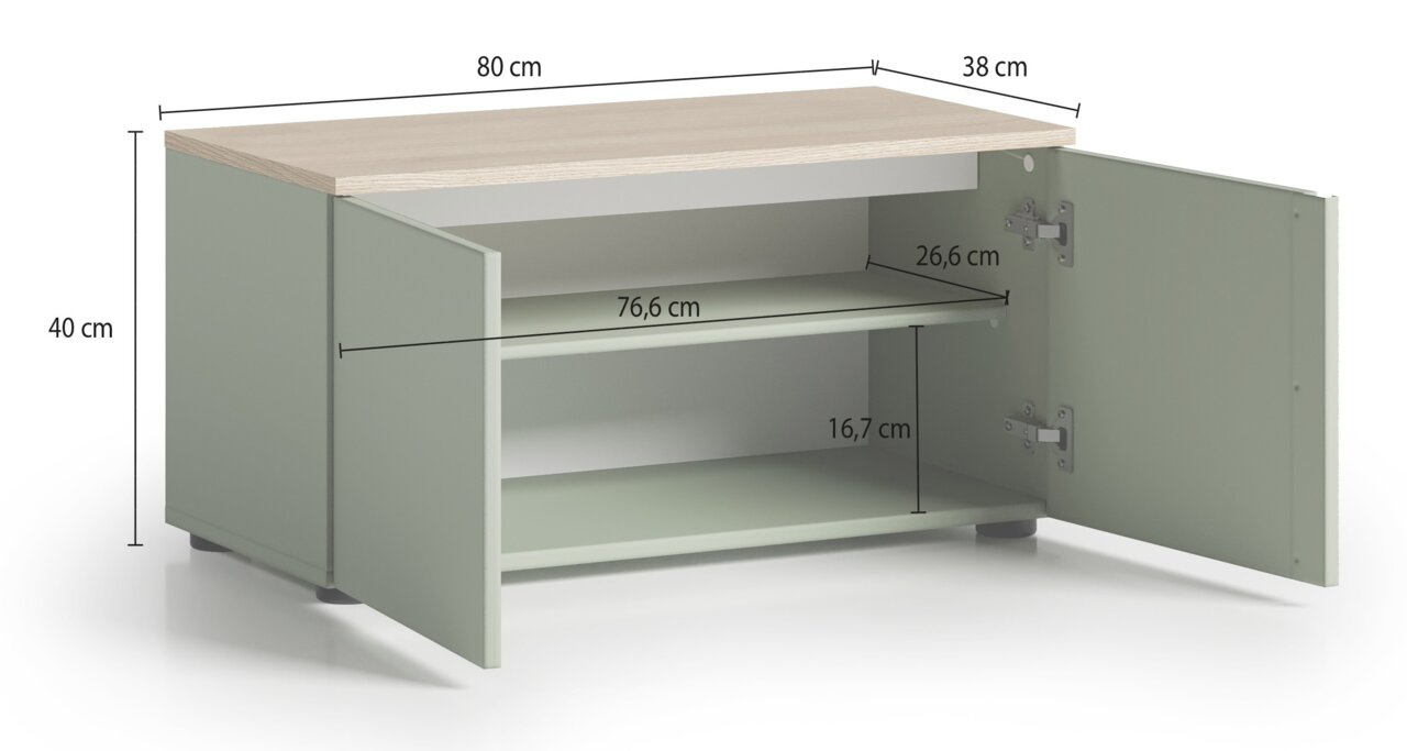 Grüne Bank mit zwei offenen Türen, Holzoberfläche, Maße: 80 cm Breite, 38 cm Tiefe, 40 cm Höhe, seitliche Perspektive.