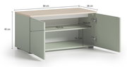 Grüne Bank mit zwei offenen Türen, Holzoberfläche, Maße: 80 cm Breite, 38 cm Tiefe, 40 cm Höhe, seitliche Perspektive.