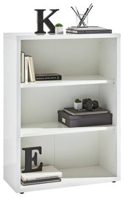 Weißes Regal mit drei Ebenen, dekoriert mit Büchern, einer Kamera und kleinen Pflanzen, aus frontaler Perspektive.