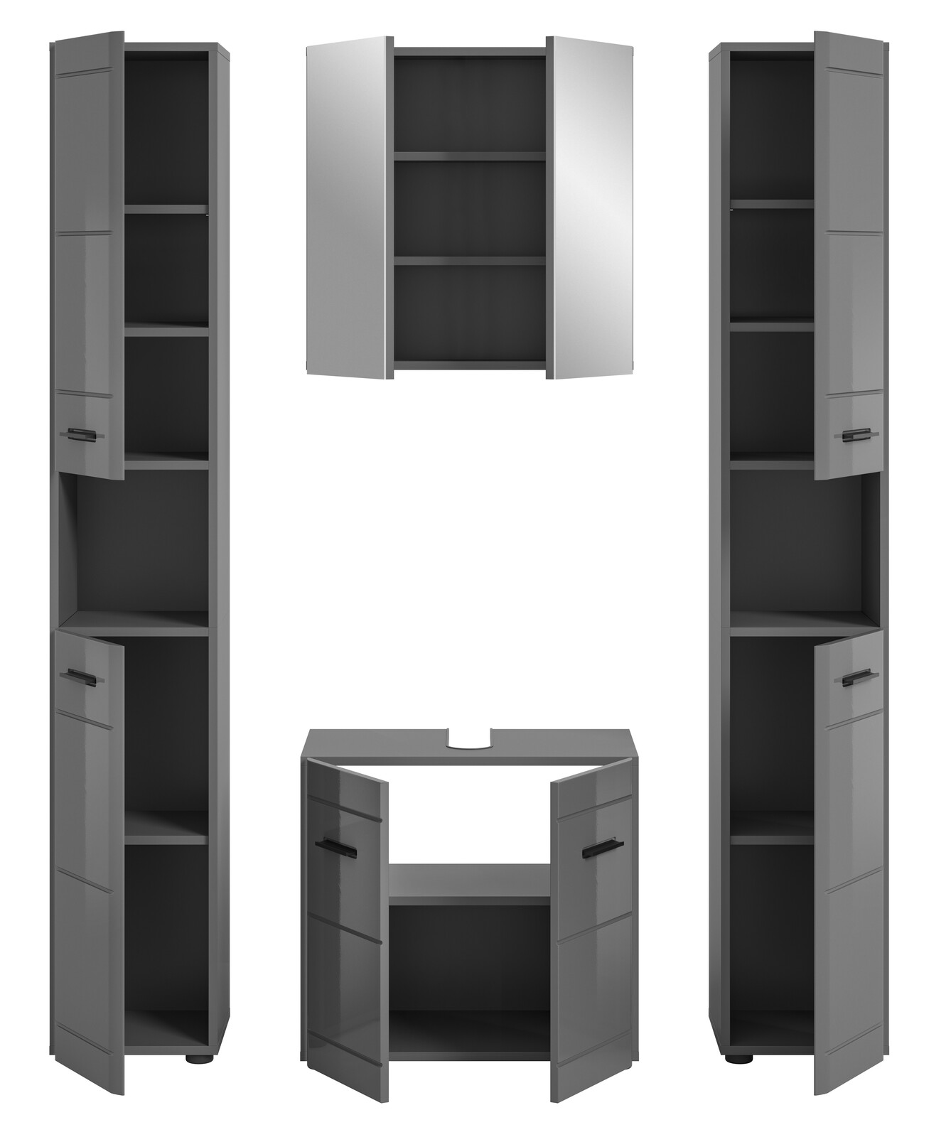 Moderne graue Badkombination mit zwei hohen Schränken, einem Spiegelschrank und einem Waschbeckenunterschrank, frontal abgebildet.
