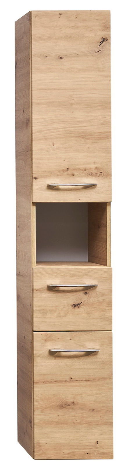 Hochschrank aus Holz mit drei Schubladen und einem offenen Fach, frontale Perspektive