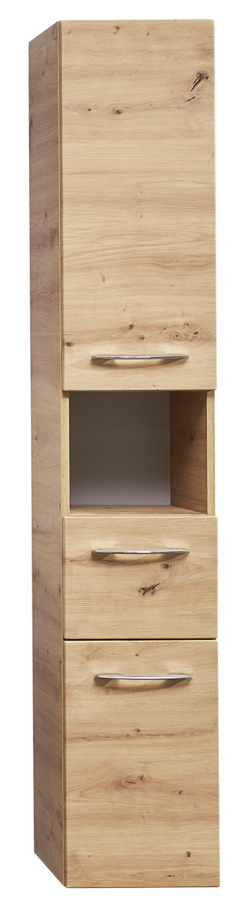 Sadena Hochschrank Türanschlag rechts PLAKA Hochschrank aus Holz mit drei Schubladen und einem offenen Fach, frontale Perspektive