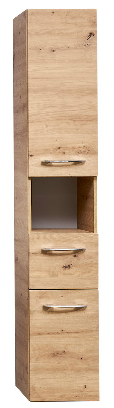 Sadena Hochschrank Türanschlag rechts PLAKA Hochschrank aus Holz mit drei Schubladen und einem offenen Fach, frontale Perspektive