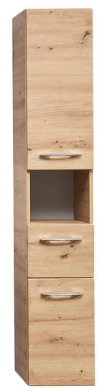 Hochschrank aus Holz mit drei Schubladen und einem offenen Fach, frontale Perspektive