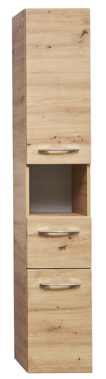 Hochschrank aus Holz mit drei Schubladen und einem offenen Fach, frontale Perspektive