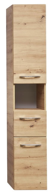 Hochschrank aus Holz mit drei Schubladen und einem offenen Fach, frontale Perspektive