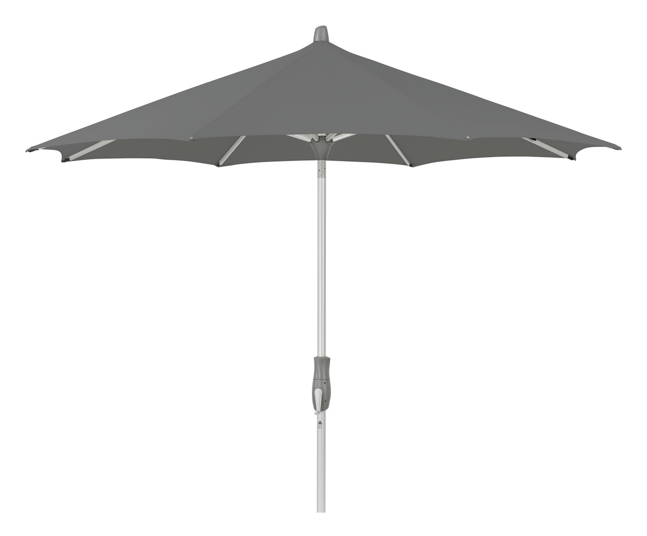 Grauer Sonnenschirm in Seitenansicht mit stabilem Metallgestell