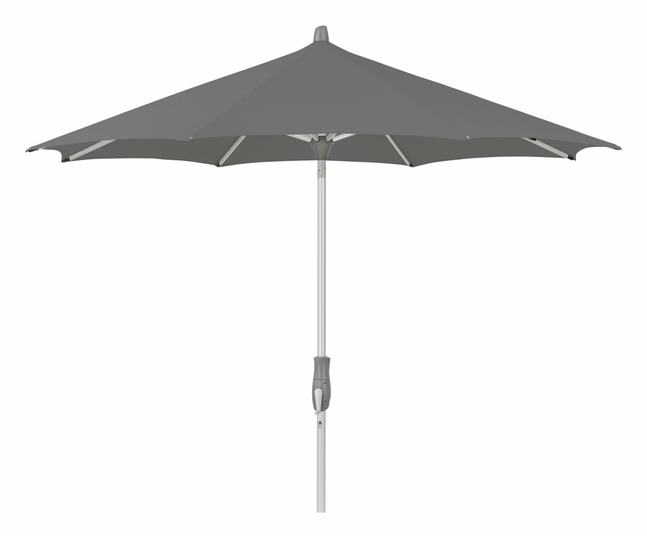 Grauer Sonnenschirm in Seitenansicht mit stabilem Metallgestell