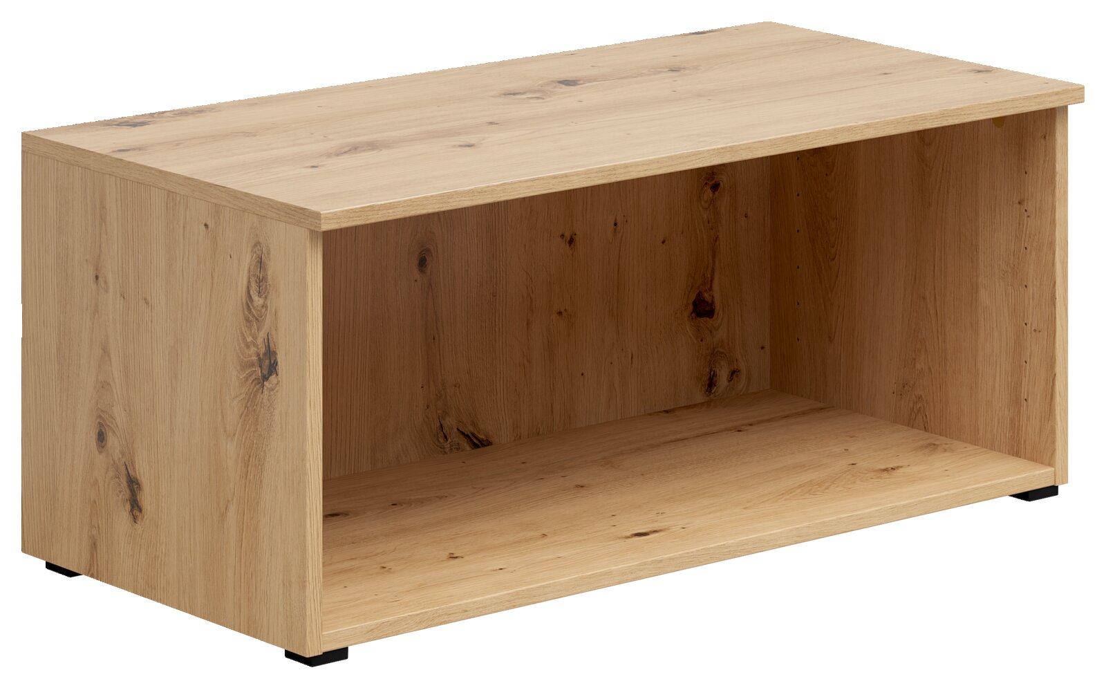 Regalaufsatz aus Holz in Eichenoptik, perspektivisch von vorne links fotografiert