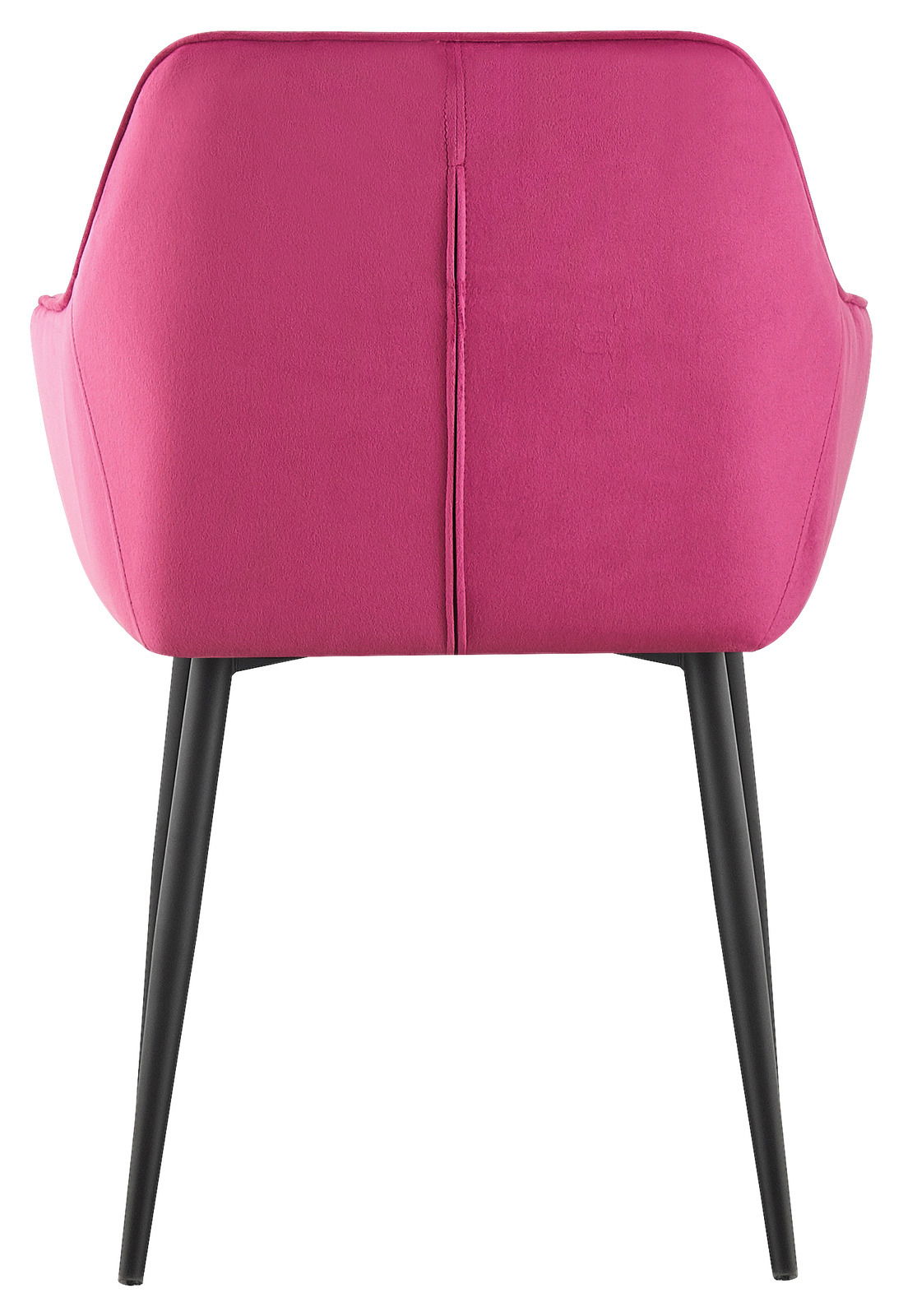 Rückansicht eines pinken Armlehnstuhls mit schwarzen Beinen