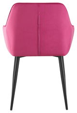 Rückansicht eines pinken Armlehnstuhls mit schwarzen Beinen