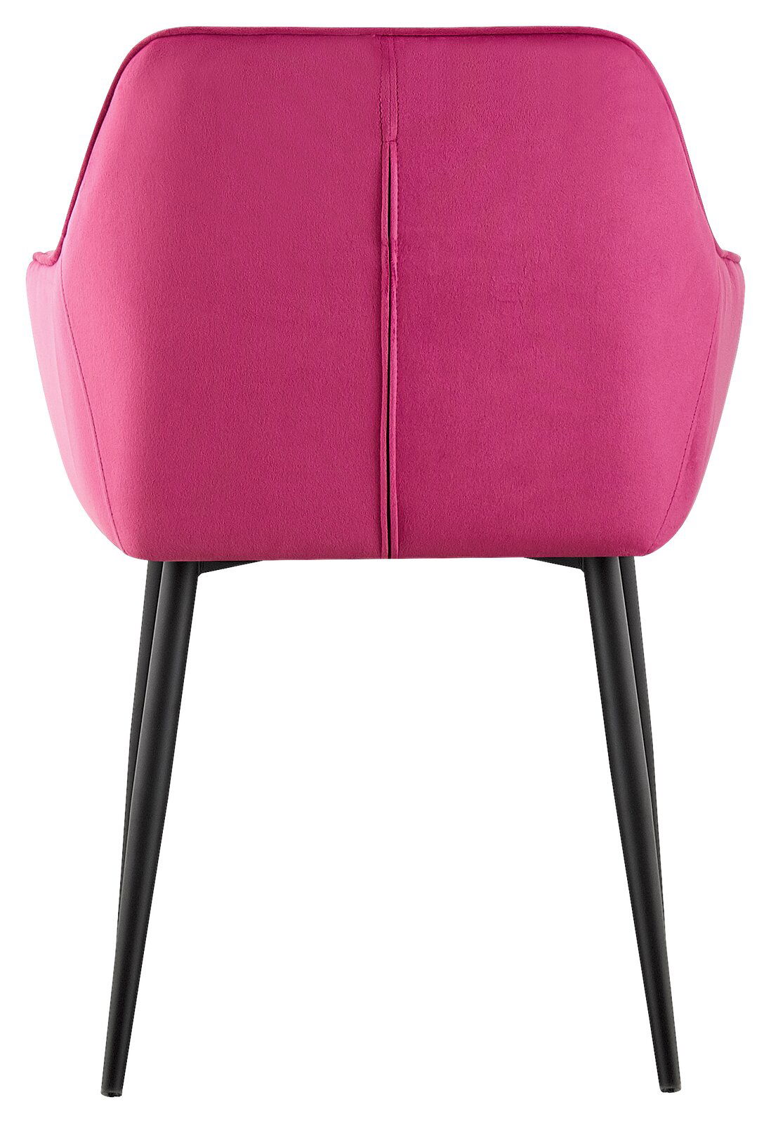 Rückansicht eines pinken Armlehnstuhls mit schwarzen Beinen