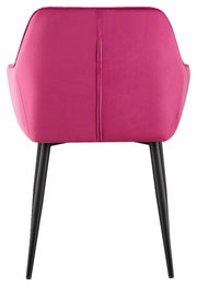 Rückansicht eines pinken Armlehnstuhls mit schwarzen Beinen