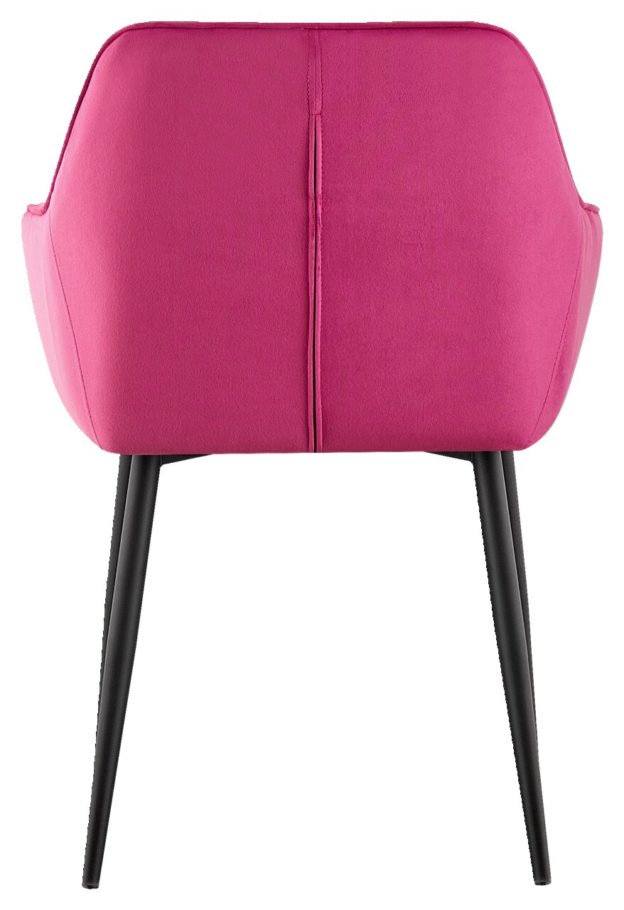 Rückansicht eines pinken Armlehnstuhls mit schwarzen Beinen