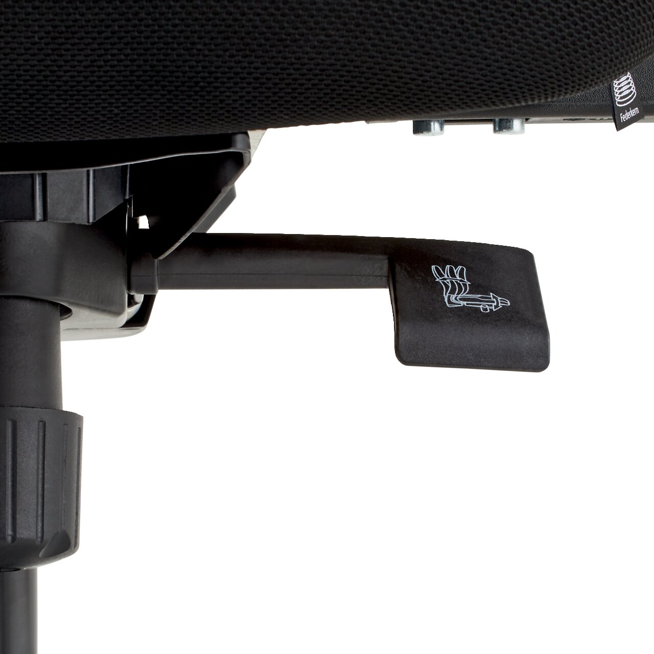 Nahaufnahme eines Hebels unter einem Drehstuhl, seitliche Perspektive