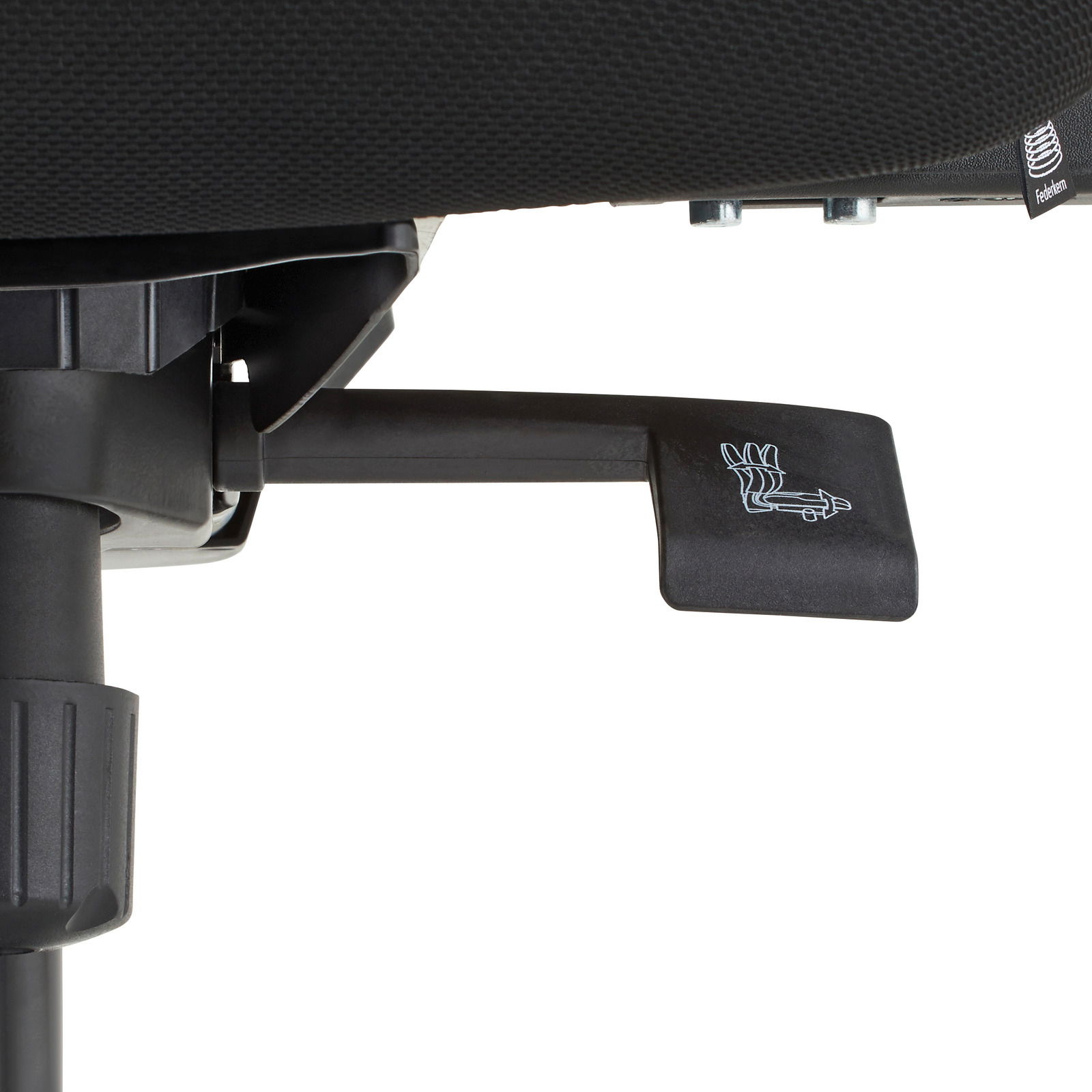 Nahaufnahme eines Hebels unter einem Drehstuhl, seitliche Perspektive