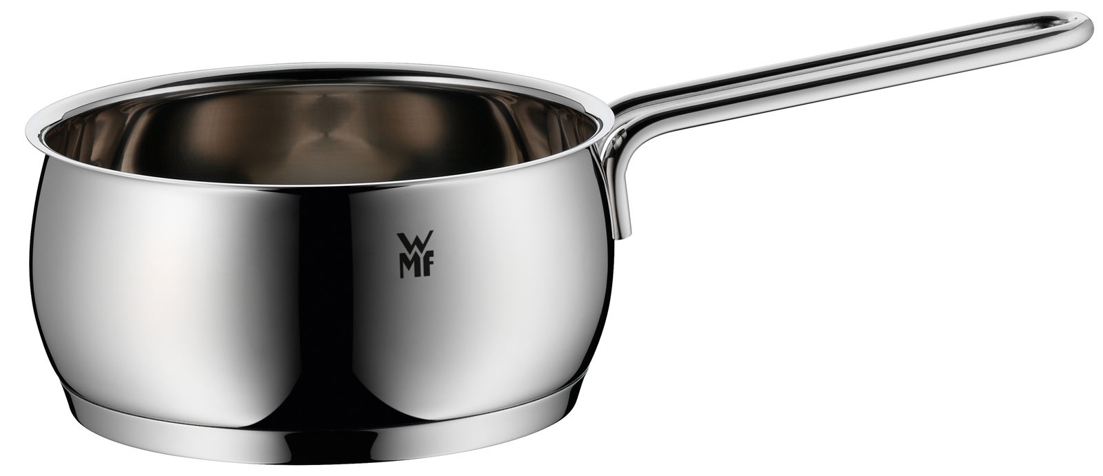 Silberner Kochtopf mit langem Griff, seitliche Perspektive