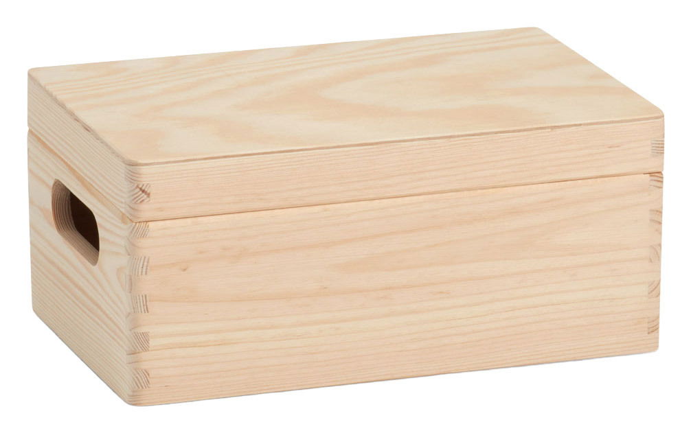 Holz-Allzweckkiste mit Deckel, seitliche Perspektive, natürliche Holzmaserung, rechteckige Form mit Grifföffnung.