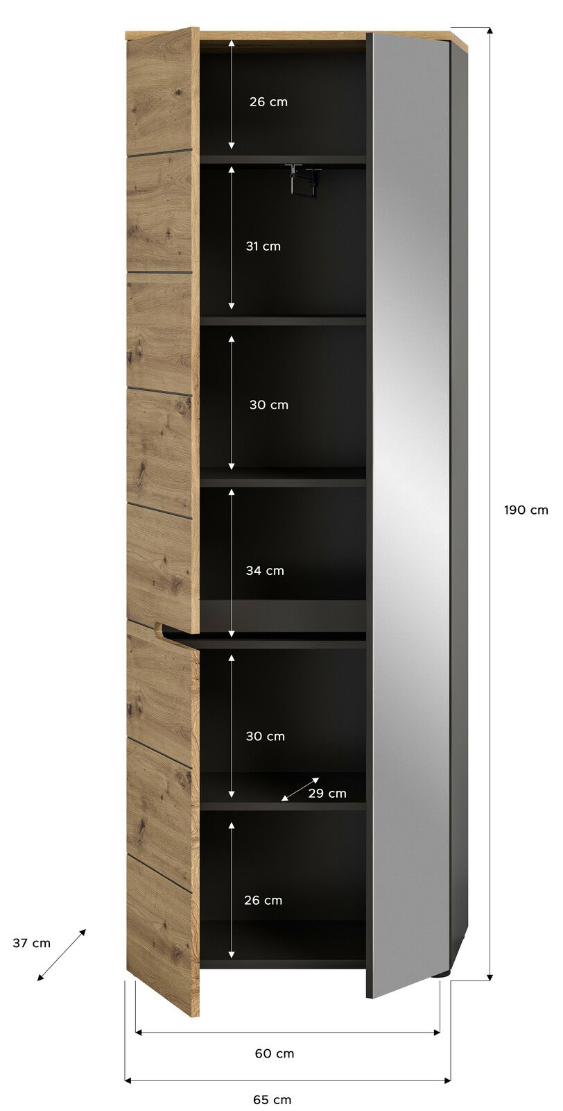 Garderobenschrank mit Holz- und Spiegelfront, offene Tür zeigt mehrere Fächer, seitliche Perspektive