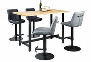 Moderner Tresentisch mit vier grauen Barhockern, schwarzem Metallgestell und Holzplatte, seitliche Perspektive.
