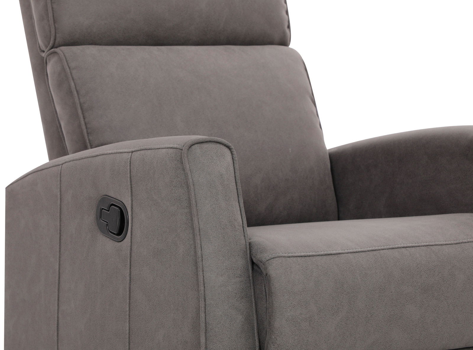 Nahaufnahme eines grauen Sofasessels mit Armlehne und verstellbarem Hebel, seitliche Perspektive