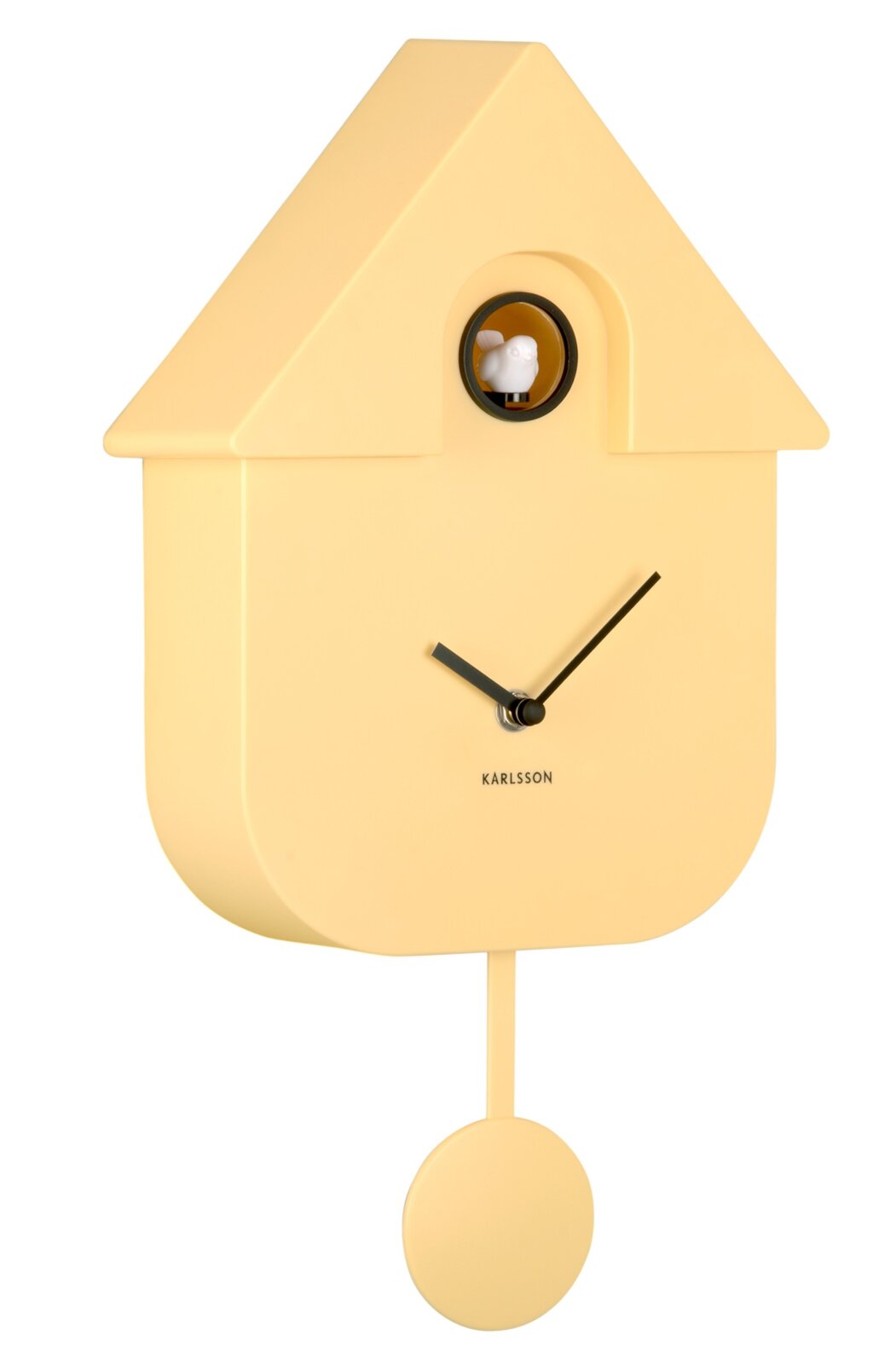 Gele wandklok in de vorm van een vogelhuisje met slinger en koekoek, zijaanzicht