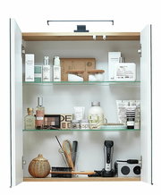 Offener Spiegelschrank mit zwei Türen, gefüllt mit verschiedenen Pflegeprodukten und Accessoires, aus der Frontalperspektive.