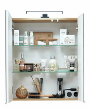 Offener Spiegelschrank mit zwei Türen, gefüllt mit verschiedenen Pflegeprodukten und Accessoires, aus der Frontalperspektive.