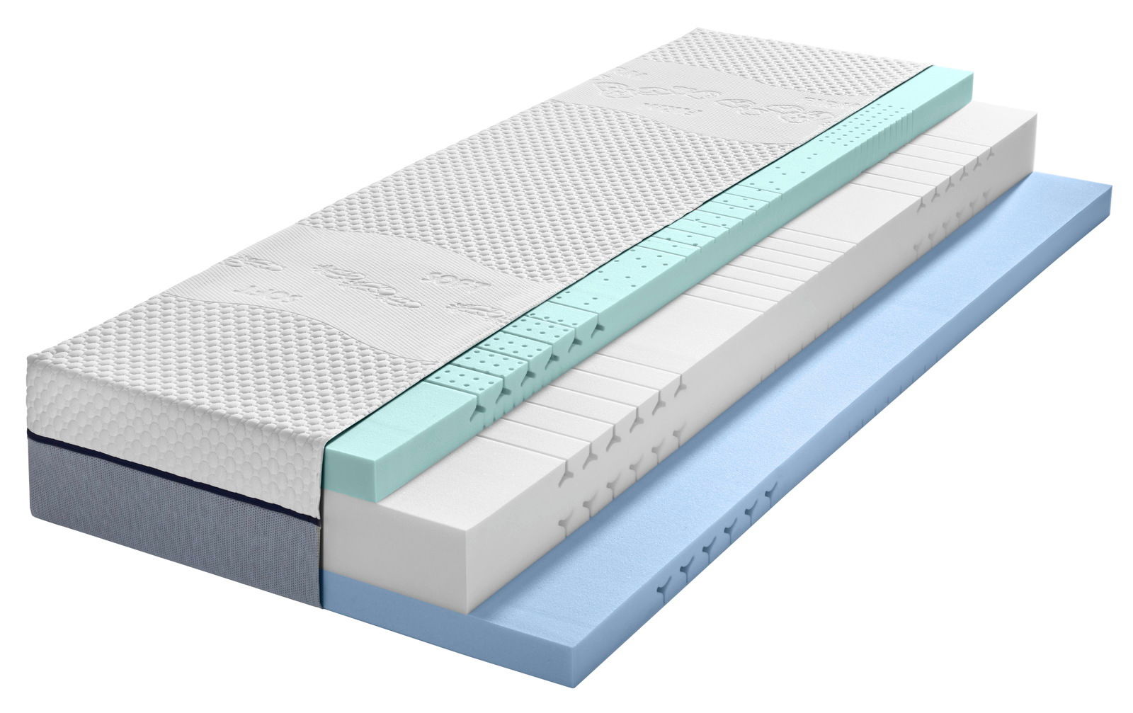 Querschnitt einer Wendematratze aus Kaltschaum mit verschiedenen Schichten in einer perspektivischen Ansicht.