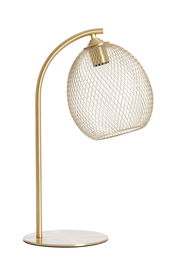 Elegante Tischleuchte mit gebogenem, goldfarbenem Ständer und einem dekorativen, netzartigen Lampenschirm aus Metall, seitliche Perspektive.