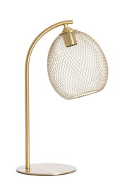Elegante Tischleuchte mit gebogenem, goldfarbenem Ständer und einem dekorativen, netzartigen Lampenschirm aus Metall, seitliche Perspektive.