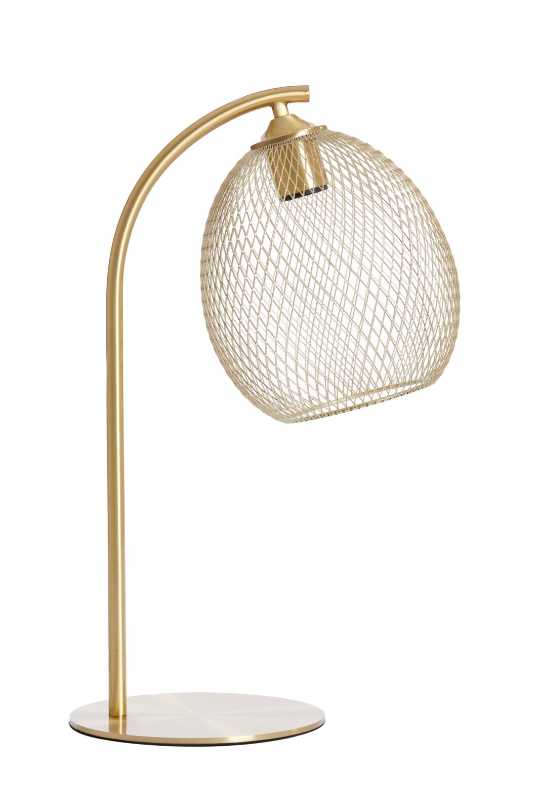 Elegante Tischleuchte mit gebogenem, goldfarbenem Ständer und einem dekorativen, netzartigen Lampenschirm aus Metall, seitliche Perspektive.