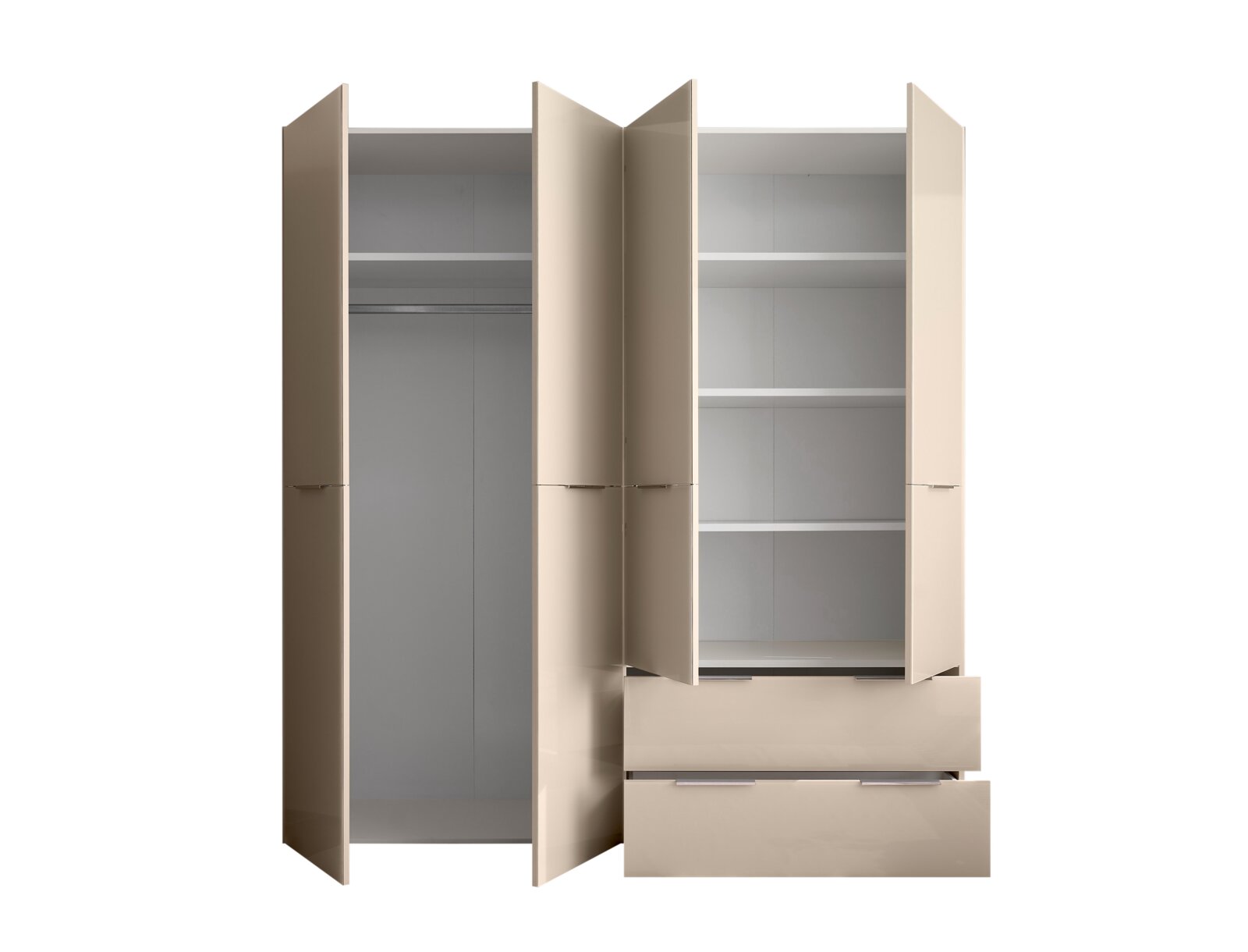 Beiger Kleiderschrank mit geöffneten Türen und zwei ausgezogenen Schubladen, links mit Kleiderstange und rechts mit Regalböden, Frontansicht.