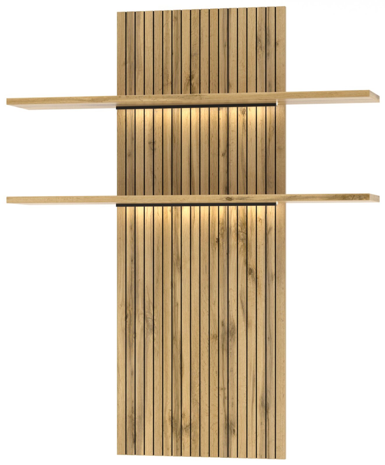 Holz-Wohnwand mit vertikalen Lamellen und zwei horizontalen Regalböden, frontale Ansicht