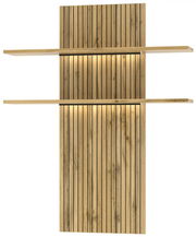 Holz-Wohnwand mit vertikalen Lamellen und zwei horizontalen Regalböden, frontale Ansicht