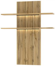 Holz-Wohnwand mit vertikalen Lamellen und zwei horizontalen Regalböden, frontale Ansicht