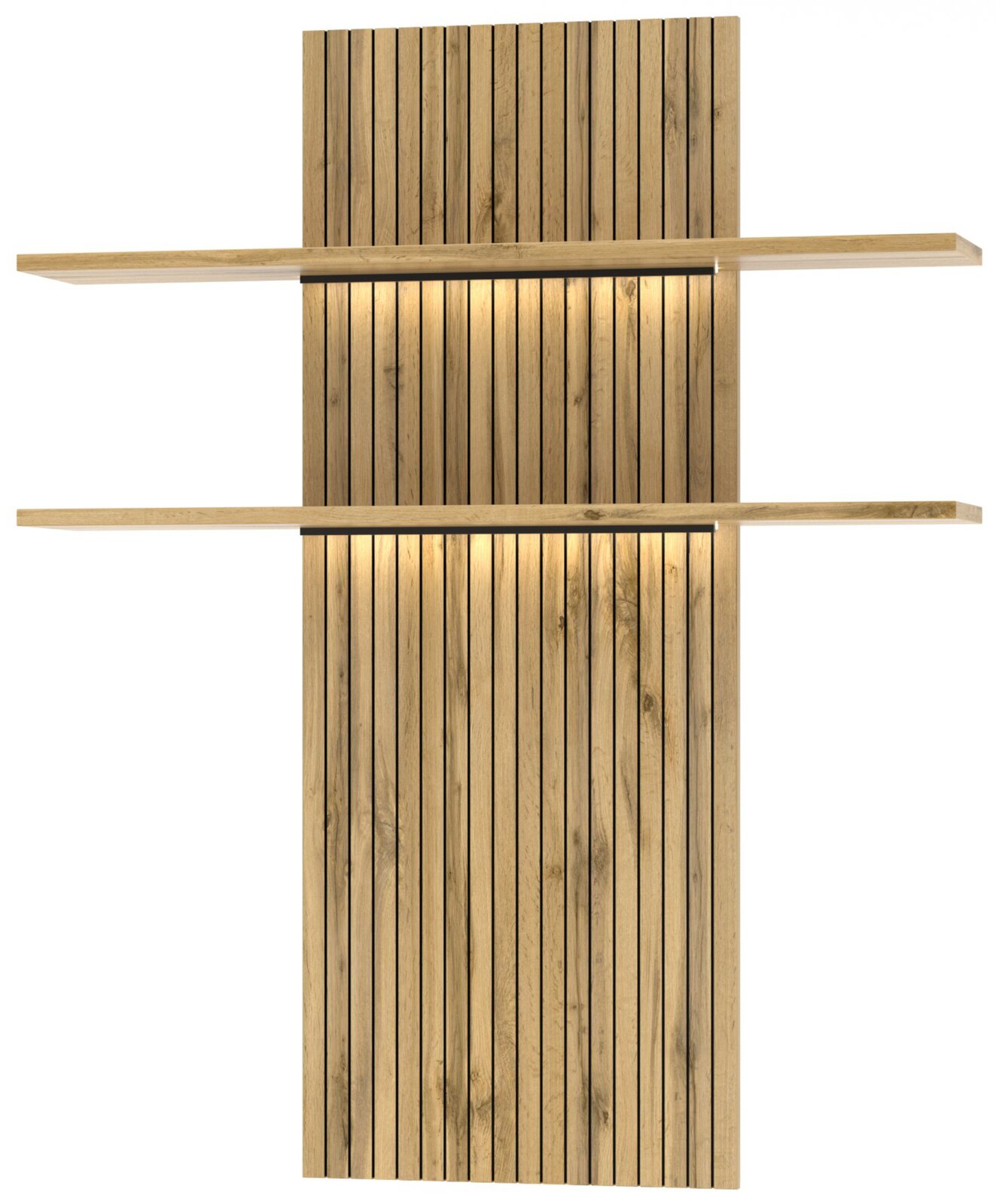 Holz-Wohnwand mit vertikalen Lamellen und zwei horizontalen Regalböden, frontale Ansicht