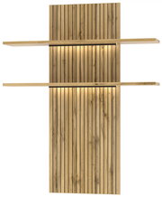 Holz-Wohnwand mit vertikalen Lamellen und zwei horizontalen Regalböden, frontale Ansicht