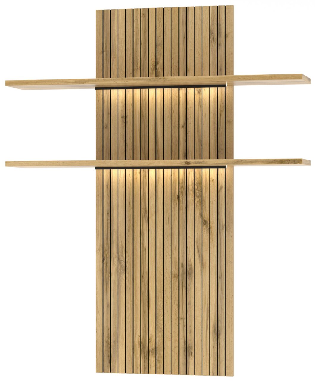 Holz-Wohnwand mit vertikalen Lamellen und zwei horizontalen Regalböden, frontale Ansicht