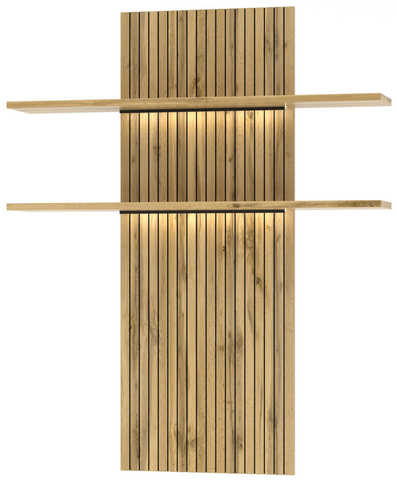 Holz-Wohnwand mit vertikalen Lamellen und zwei horizontalen Regalböden, frontale Ansicht